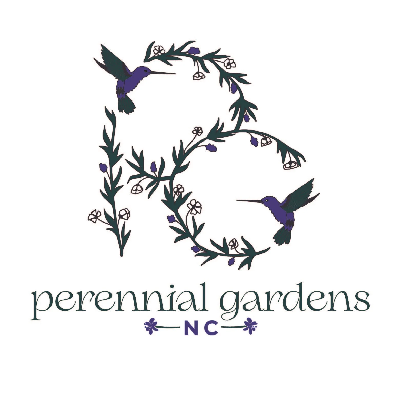 Logo for Perennial Gardens NC featuring two hummingbirds and a circular floral design with the text "perennial gardens NC" underneath.