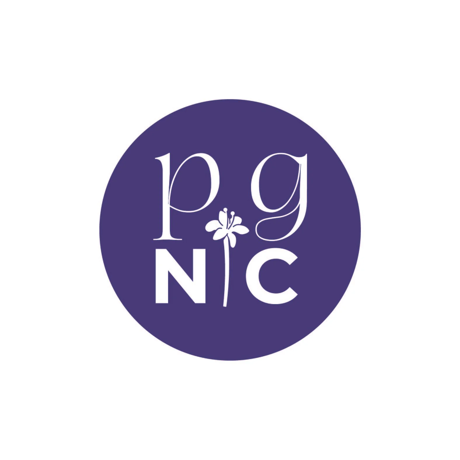 Purple circular logo with white text reading 'pg NC' and a small flower illustration in between the letters.