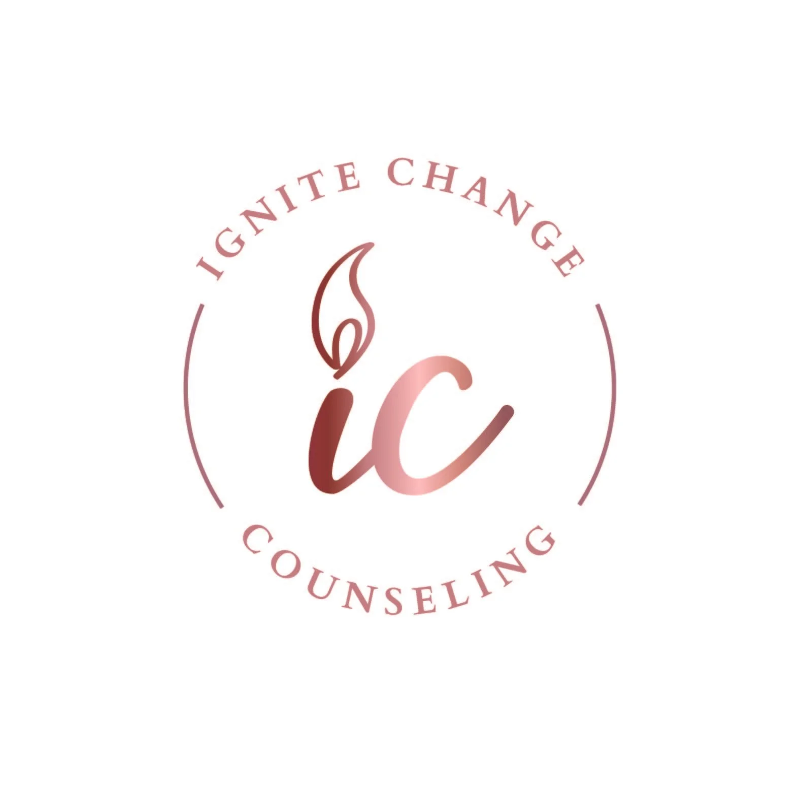 Logo for Ignite Change Counseling featuring a candle flame integrated into the initials 'ic' and pink circular text that reads 'ignite change counseling'.