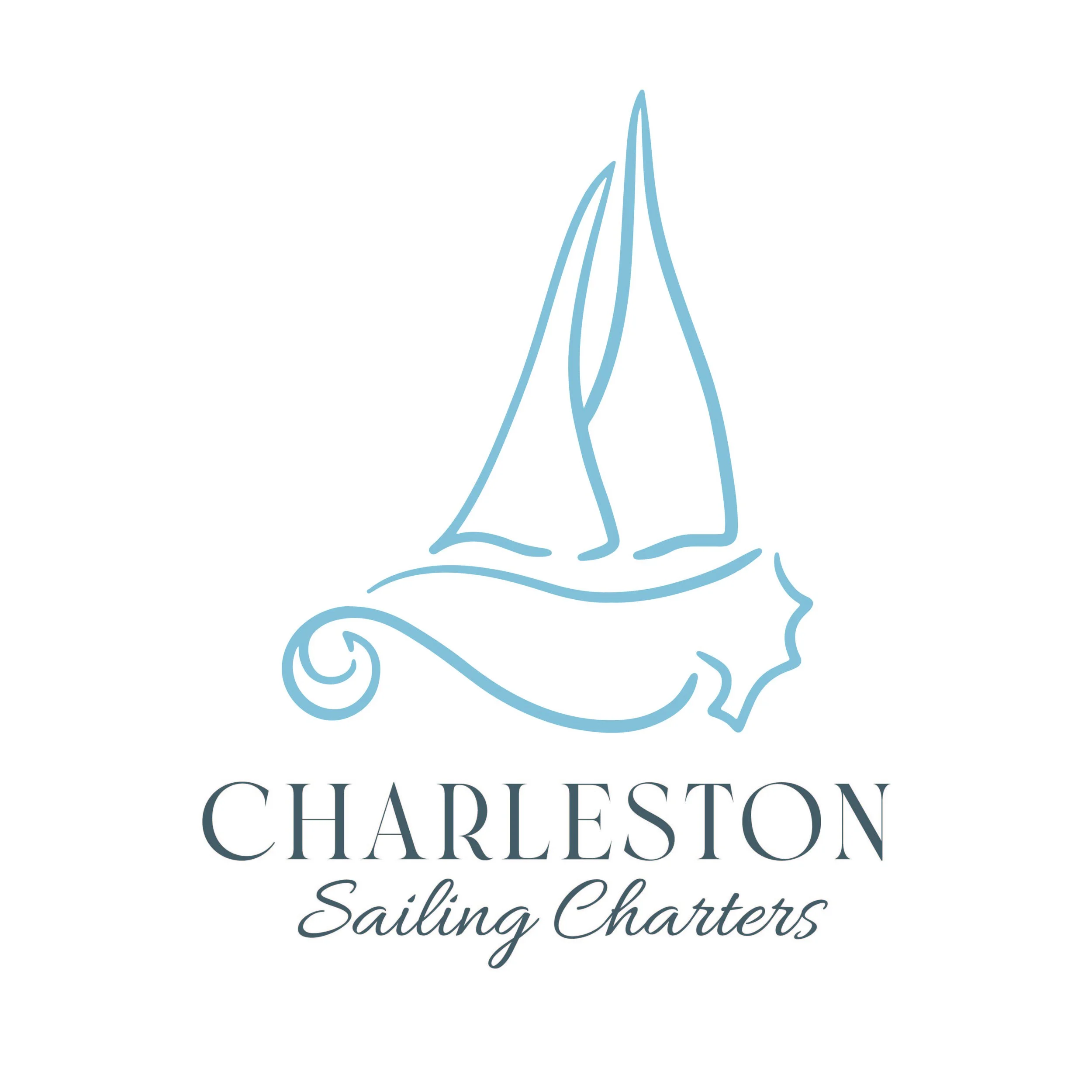 Logo of Charleston Sailing Charters featuring a minimalist blue line drawing of a sailboat with a curly wave underneath, and the text 'Charleston Sailing Charters' below.