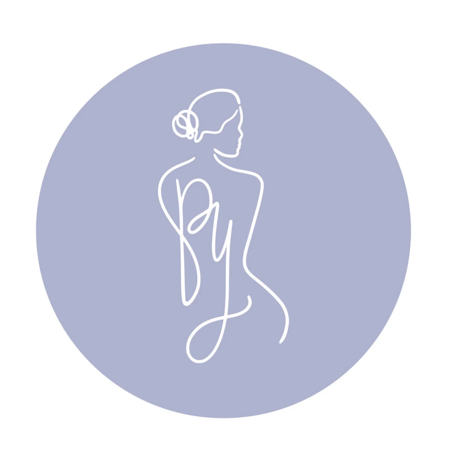 Line art illustration of a woman with a hair bun, sitting and facing sideways, in a light purple circle.