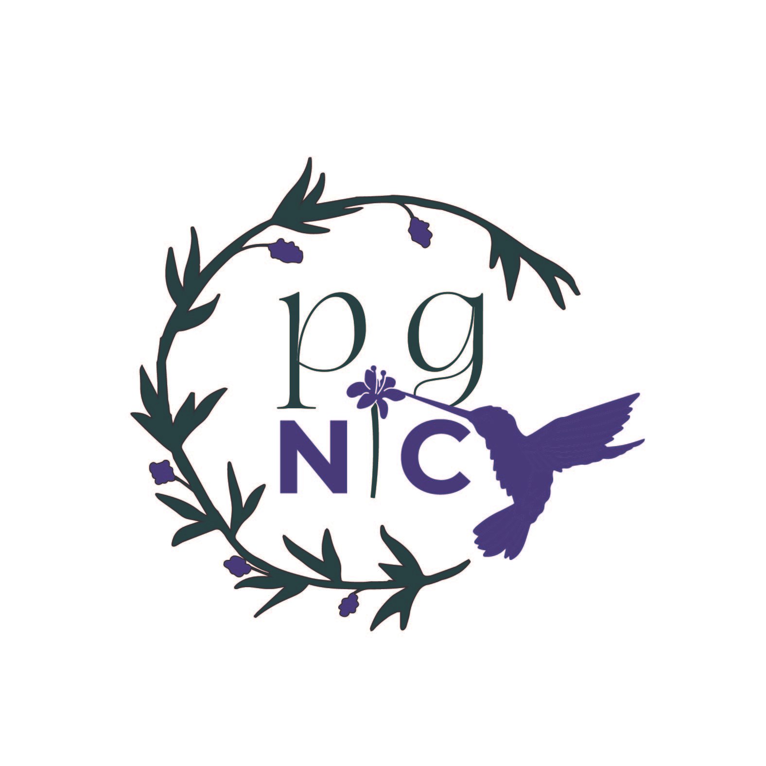 Logo with a wreath of green leaves and purple berries, the letters 'pg', and a hummingbird with purple wings and body, perched on a purple flower.
