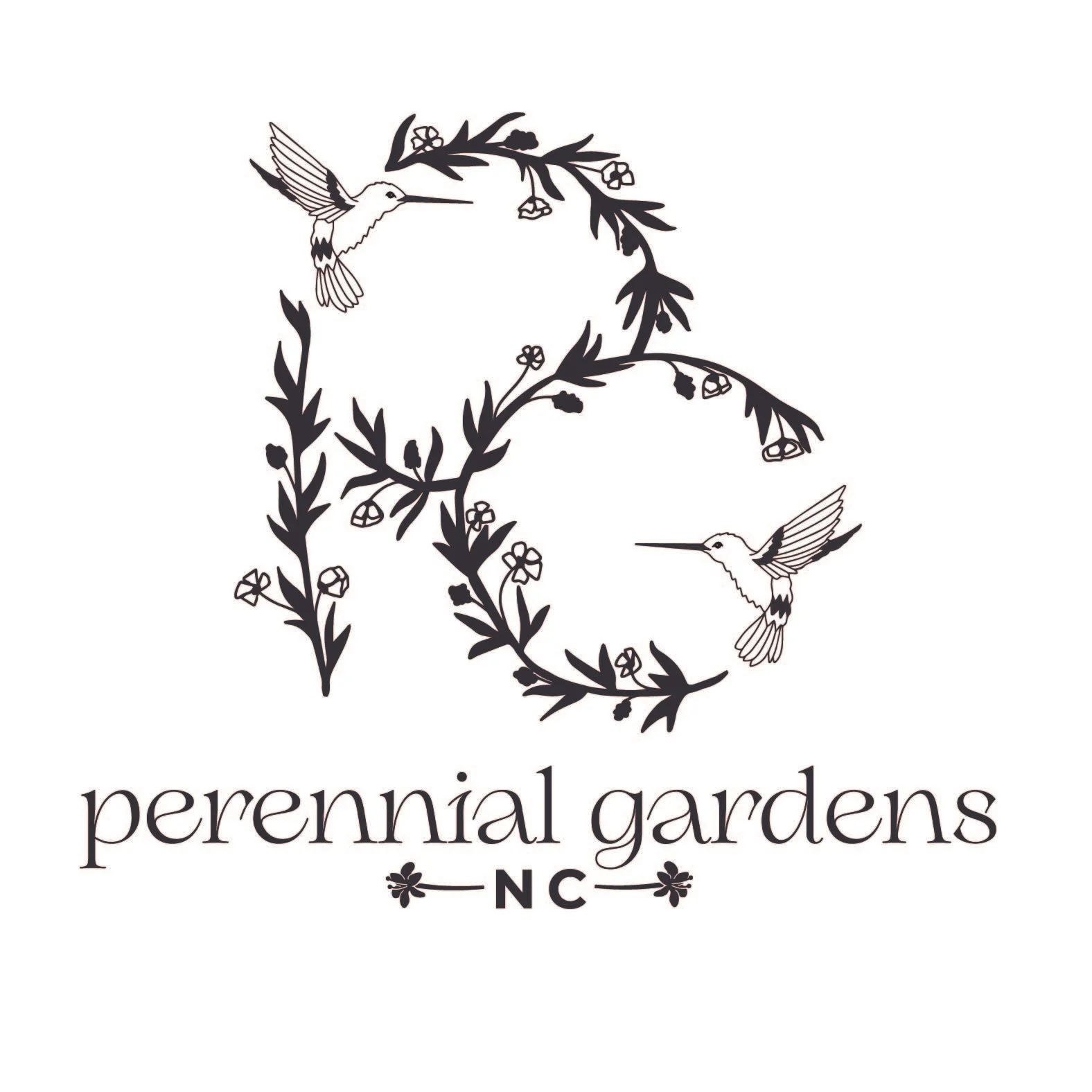 Logo for Perennial Gardens North Carolina featuring stylized black floral and hummingbird illustrations along with the text 'perennial gardens NC' in elegant font.