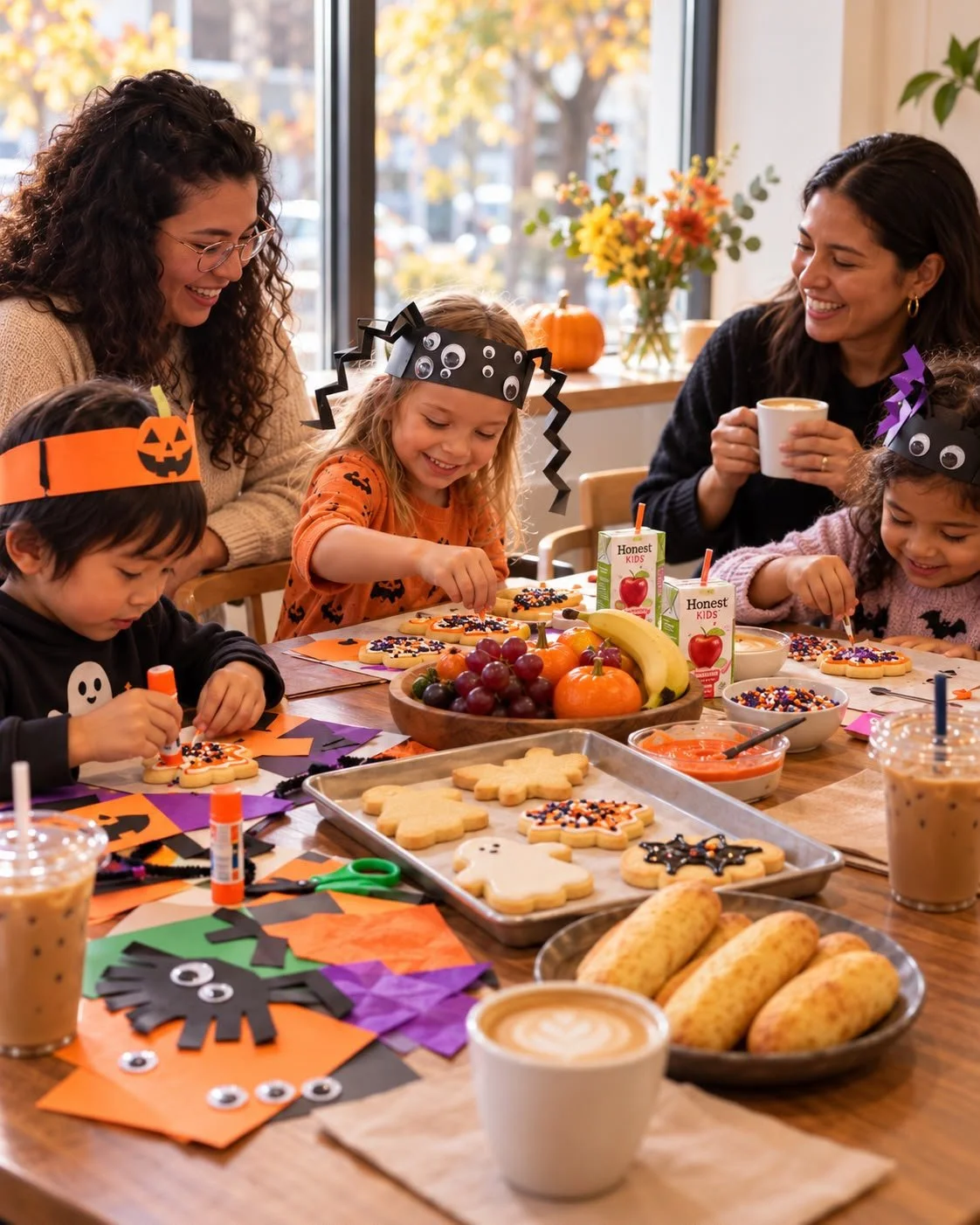 Kids and families decorating Halloween cookies at Ohana