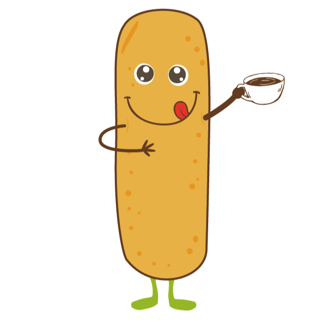 A cartoon hot dog character with a smiling face, big eyes, and a tongue sticking out, holding a steaming cup of coffee.