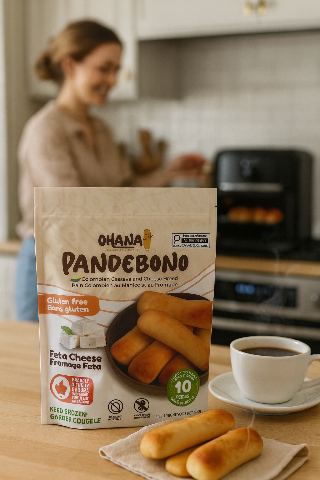 A package of Ohana Pandebono gluten-free Colombian cassava and cheese bread, with baked breadsticks and a cup of coffee in the foreground, and a woman smiling in the background near an oven.