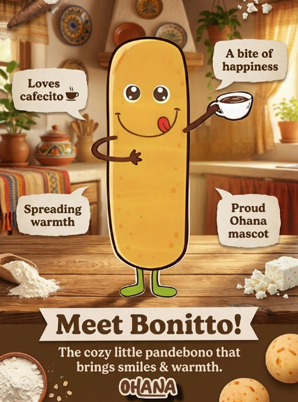 A cartoon illustration of a cheerful, anthropomorphized yellow breadstick with eyes, a smiling face, and green shoes, holding a small white cup of coffee with a spoon, in a cozy kitchen setting. The image contains text bubbles with phrases like 'Loves cafecito,' 'Spreading warmth,' 'A bite of happiness,' and 'Proud Ohana mascot.' The bottom features a branding message: 'Meet Bonitto! The cozy little pandebono that brings smiles & warmth. OHANA' and a background of scattered bread and cheese.