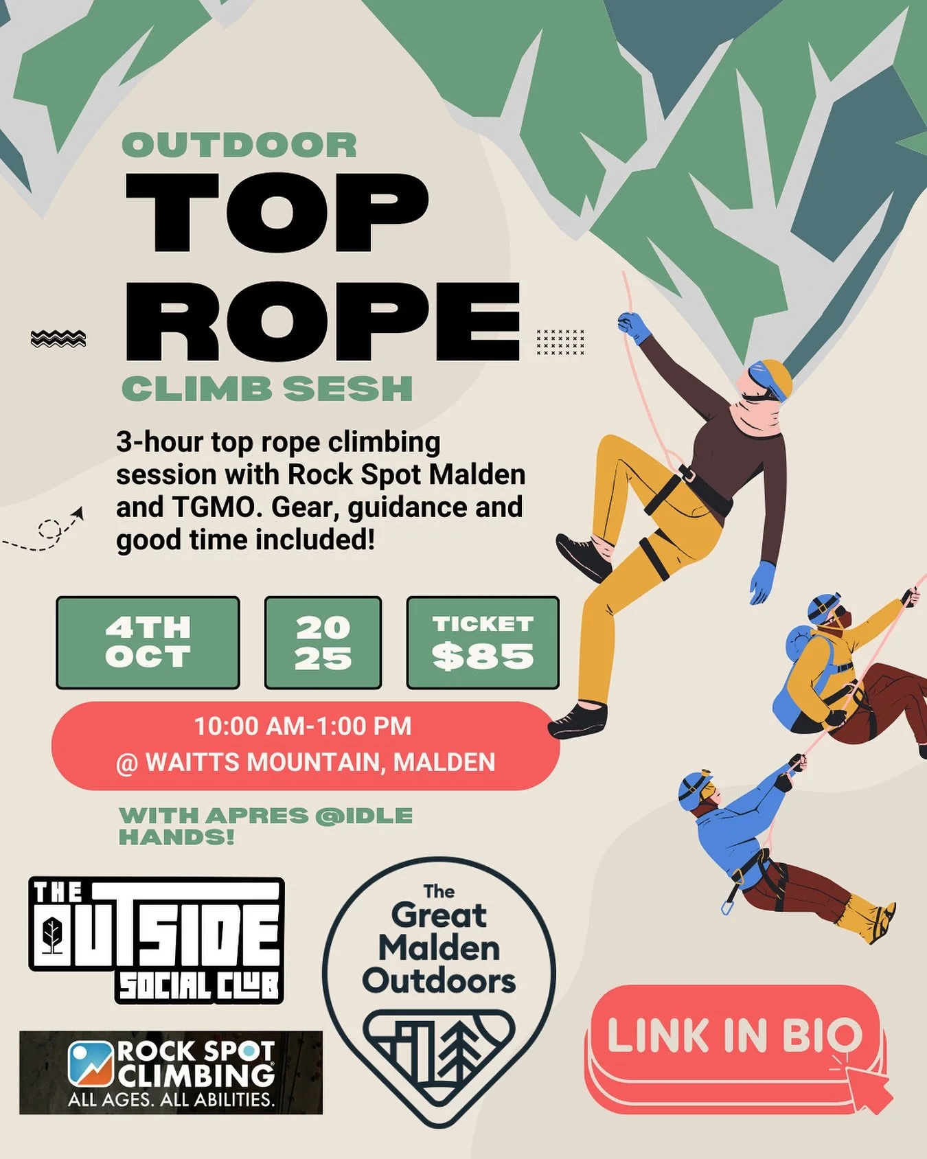 Ready to reach new heights? 🧗🏾&zwj;♂️🧗🏼🧗🏼&zwj;♂️ 

Join us for an outdoor Top Rope Climbing Session at Waitts Mountain in Malden on Saturday, October 4th, from 10am&ndash;1pm. 

Whether you&rsquo;re brand new or experienced, this is your chance