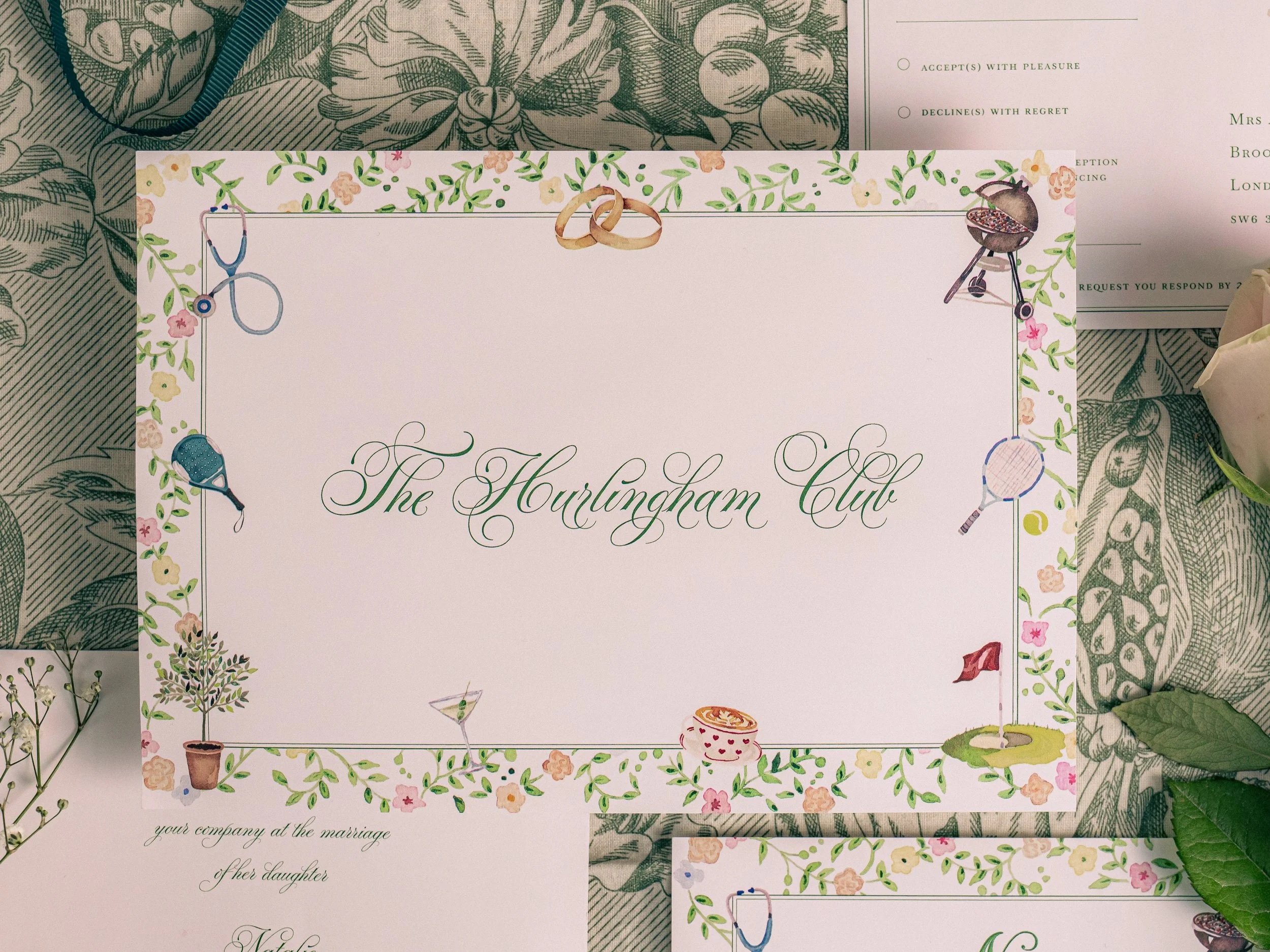 The invitation card for The Hurlingham Club features a whimsical border with illustrations of a tennis racket, champagne glass, barbecue grill, flag, plant, and a bowl of food, set against a floral background.