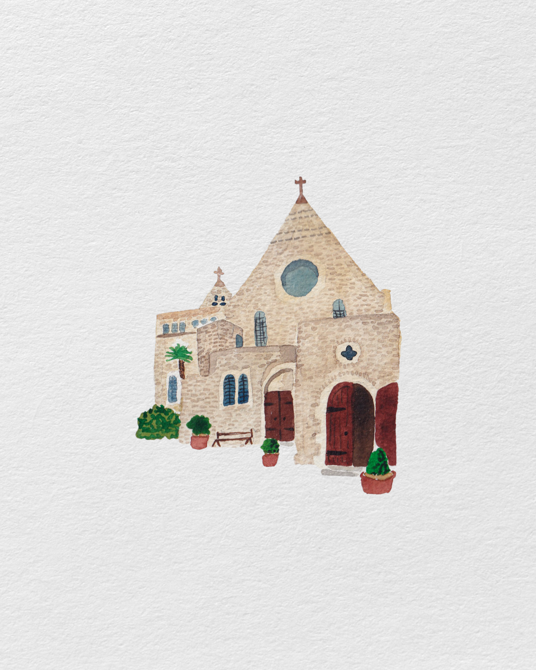 Watercolor painting of a church with a tall steeple, arched doors, small windows, and potted plants outside.