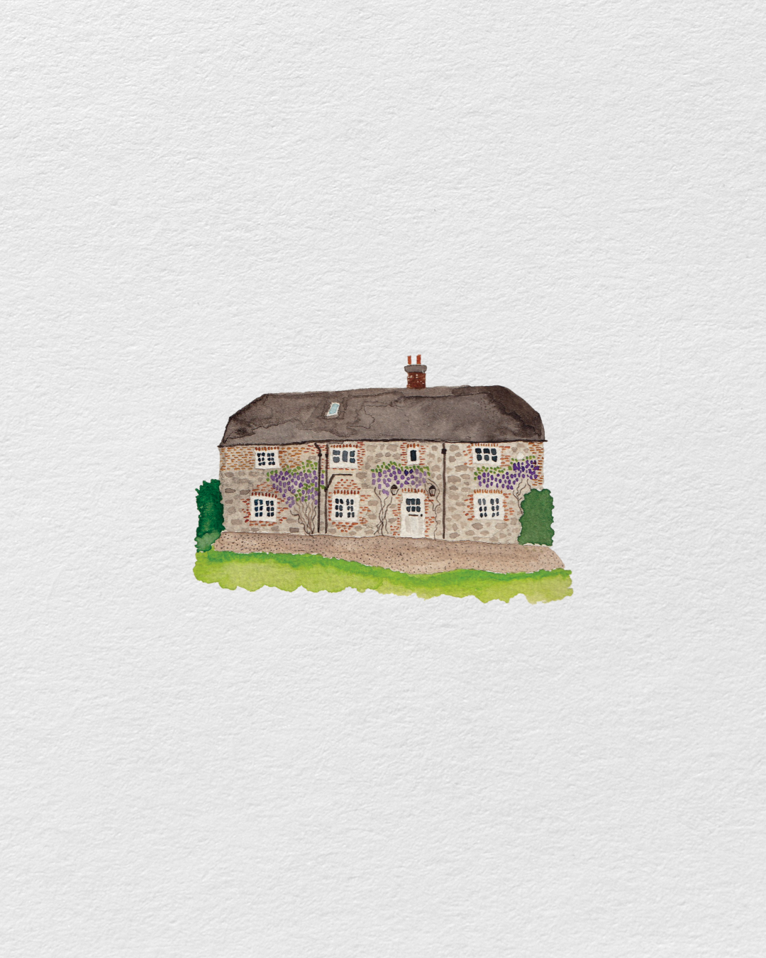 Watercolor illustration of a stone cottage with a dark gray roof, small windows, and a door, surrounded by greenery.