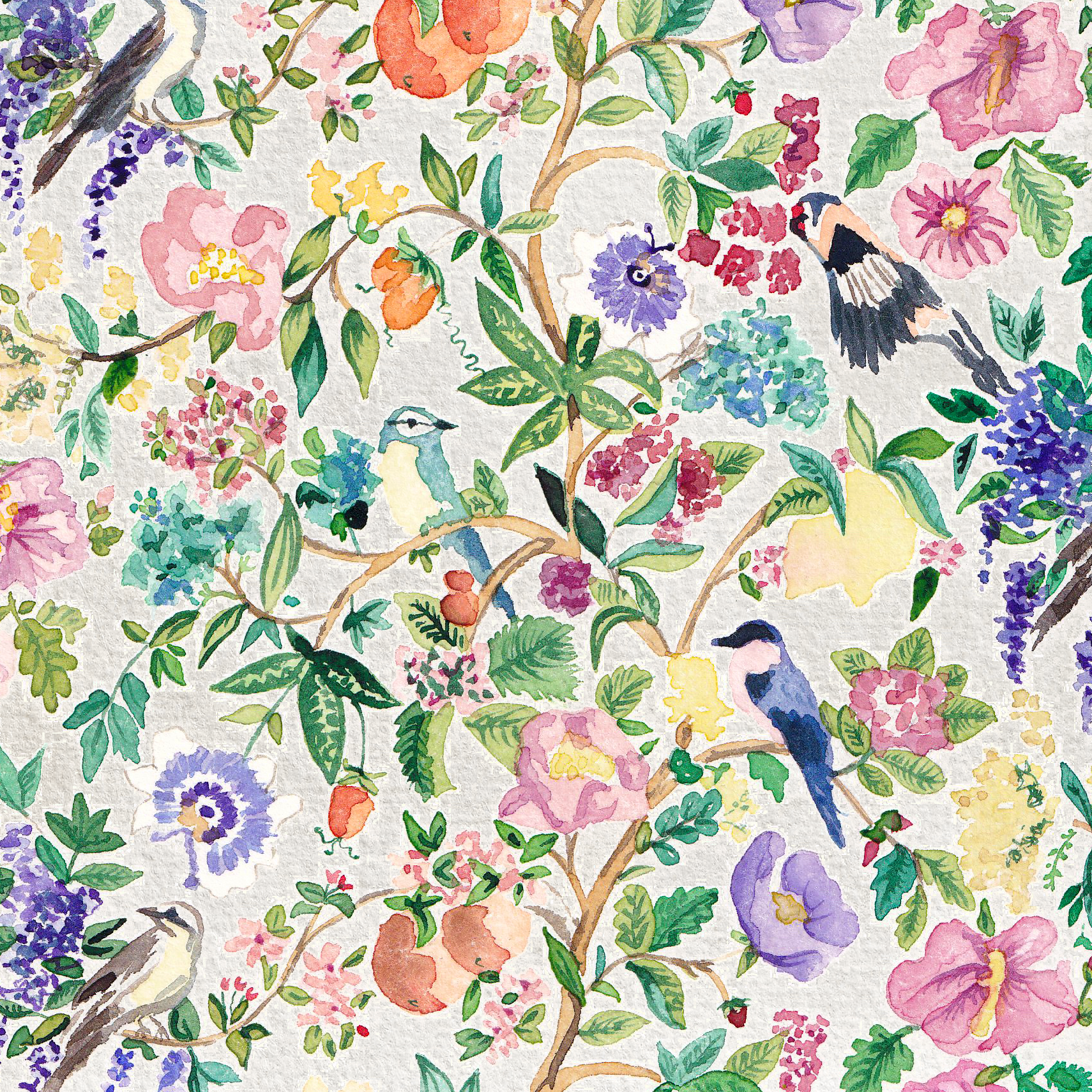 Watercolor illustration of various colorful birds, flowers, and green leaves intertwined on a light background.