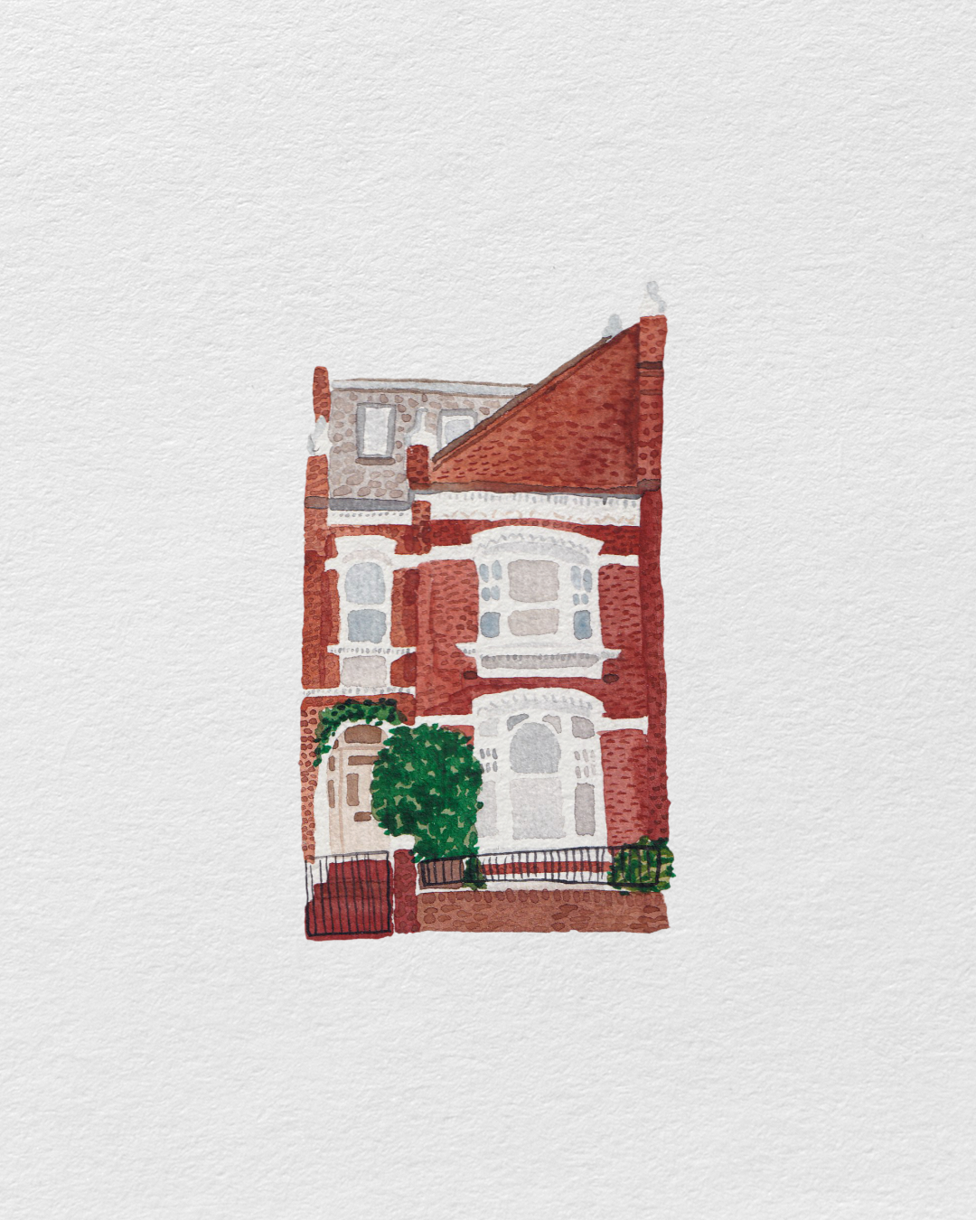 Watercolor illustration of a three-story red brick house with a gabled roof, front porch, and greenery in front.
