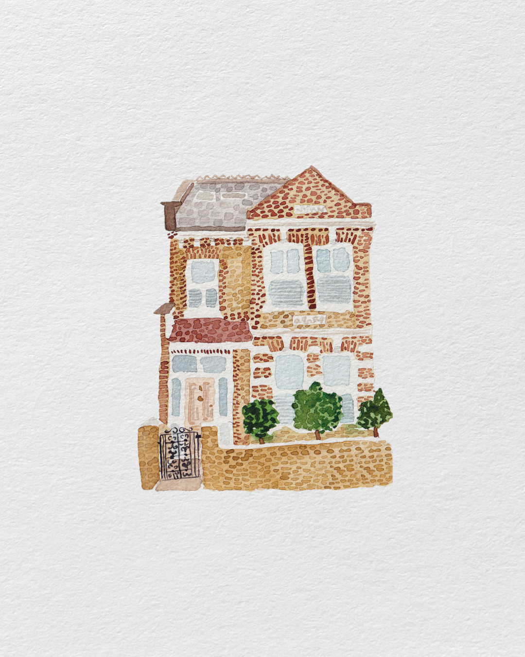 Watercolor painting of a vintage brick house with small trees in front, a gate, and a stone pathway.