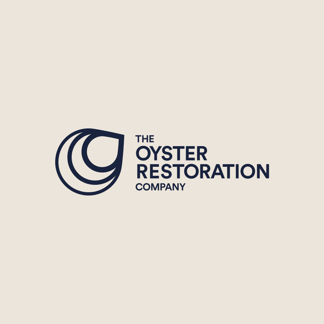 Logo for The Oyster Restoration Company with stylized oyster shell design and text in navy blue on a light beige background.
