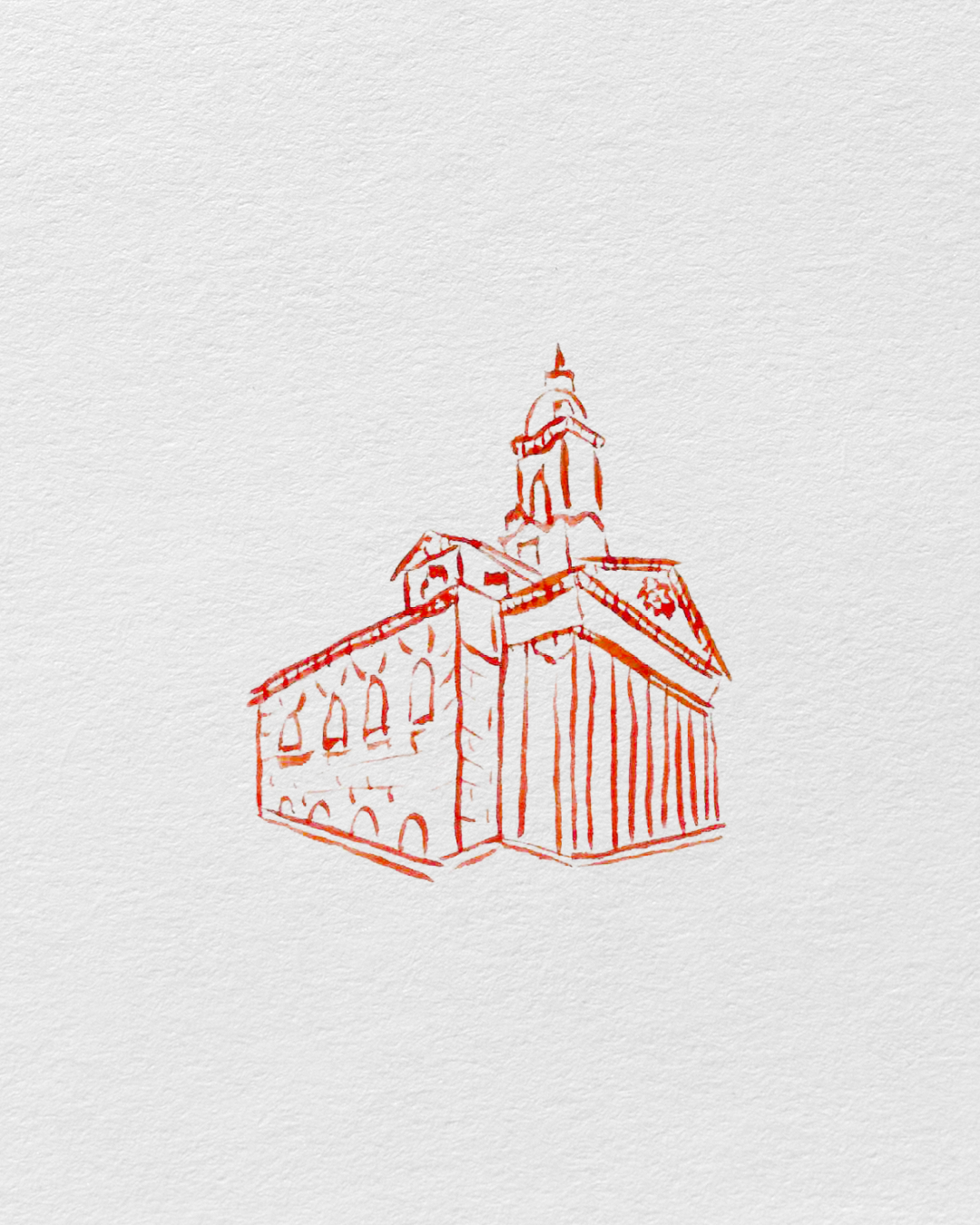 Line drawing of a historic church with a tall steeple, featuring arched windows and a tiered roof, on textured white background.