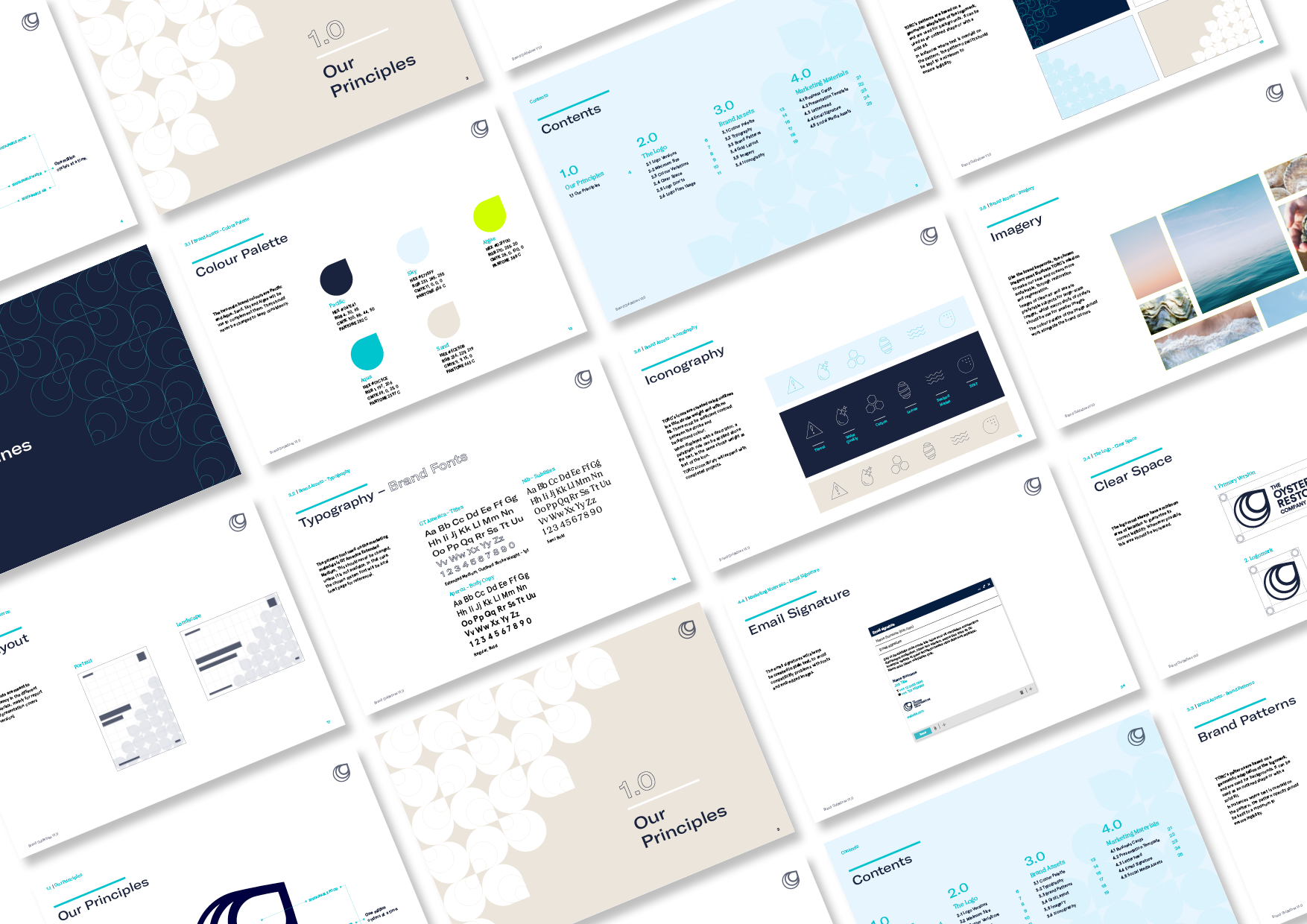A collection of presentation slides with a modern design, featuring blue and beige color themes, including sections on principles, tone, color palette, typography, iconography, imagery, and brand patterns.