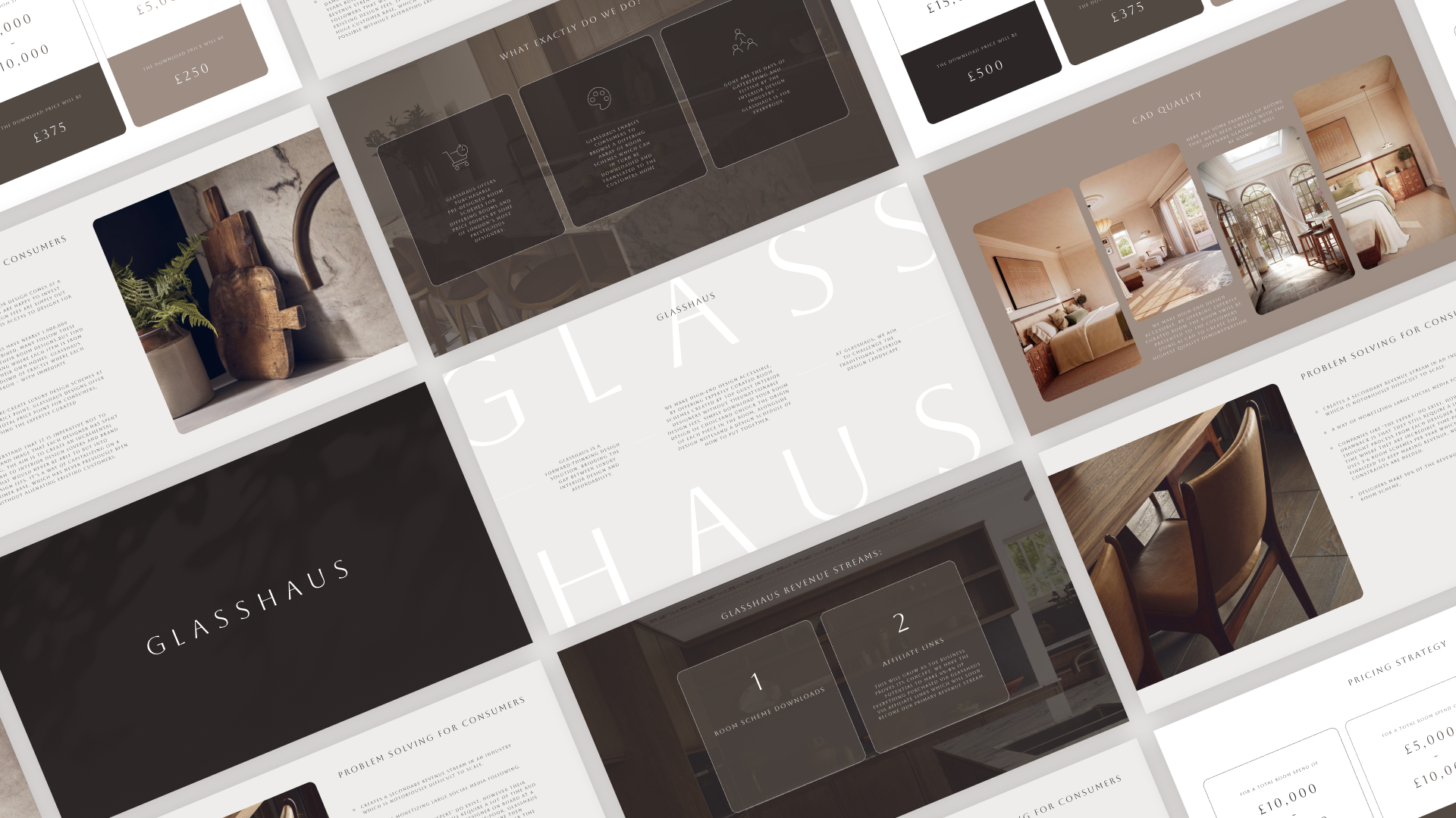 Collage of digital design presentation slides showcasing interior design, furniture, branding, and marketing concepts for a company named Glasshaus.