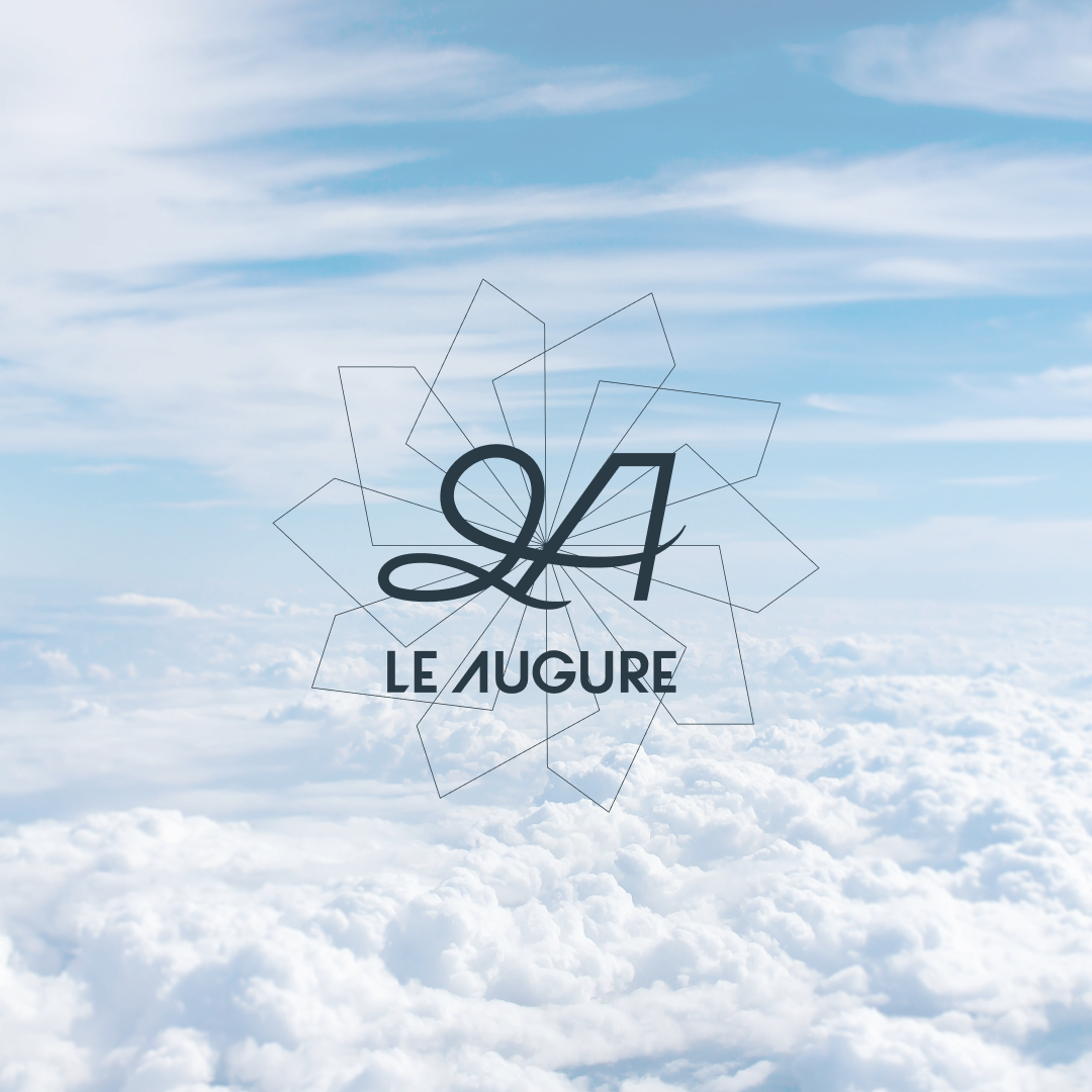 Logo for Le L'Augure with a background of clouds and blue sky, featuring a stylized '94' and a geometric design.