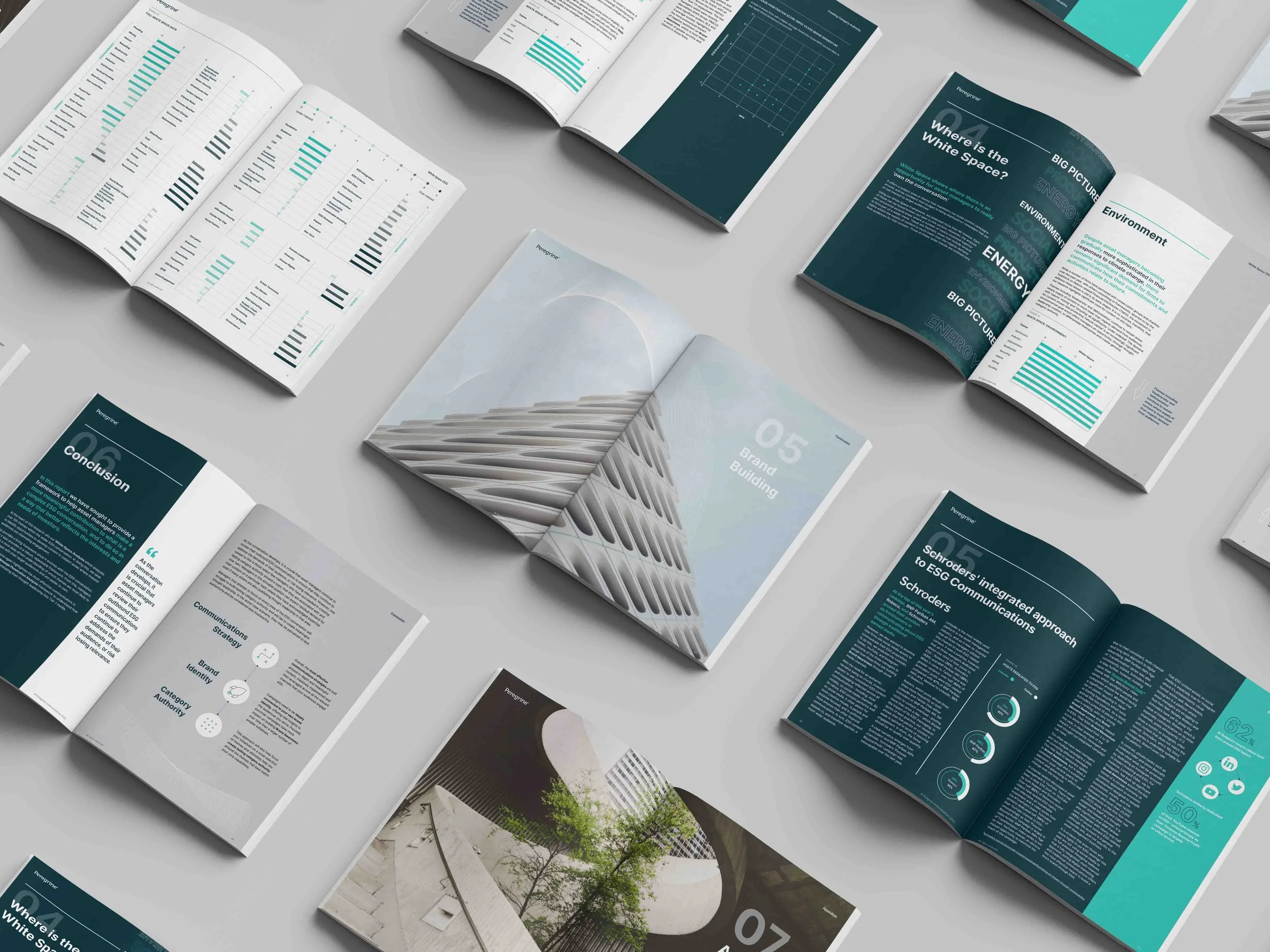 Open magazines and brochures related to architecture, environmental issues, and branding, spread out on a white surface, featuring building images, diagrams, and informational text.