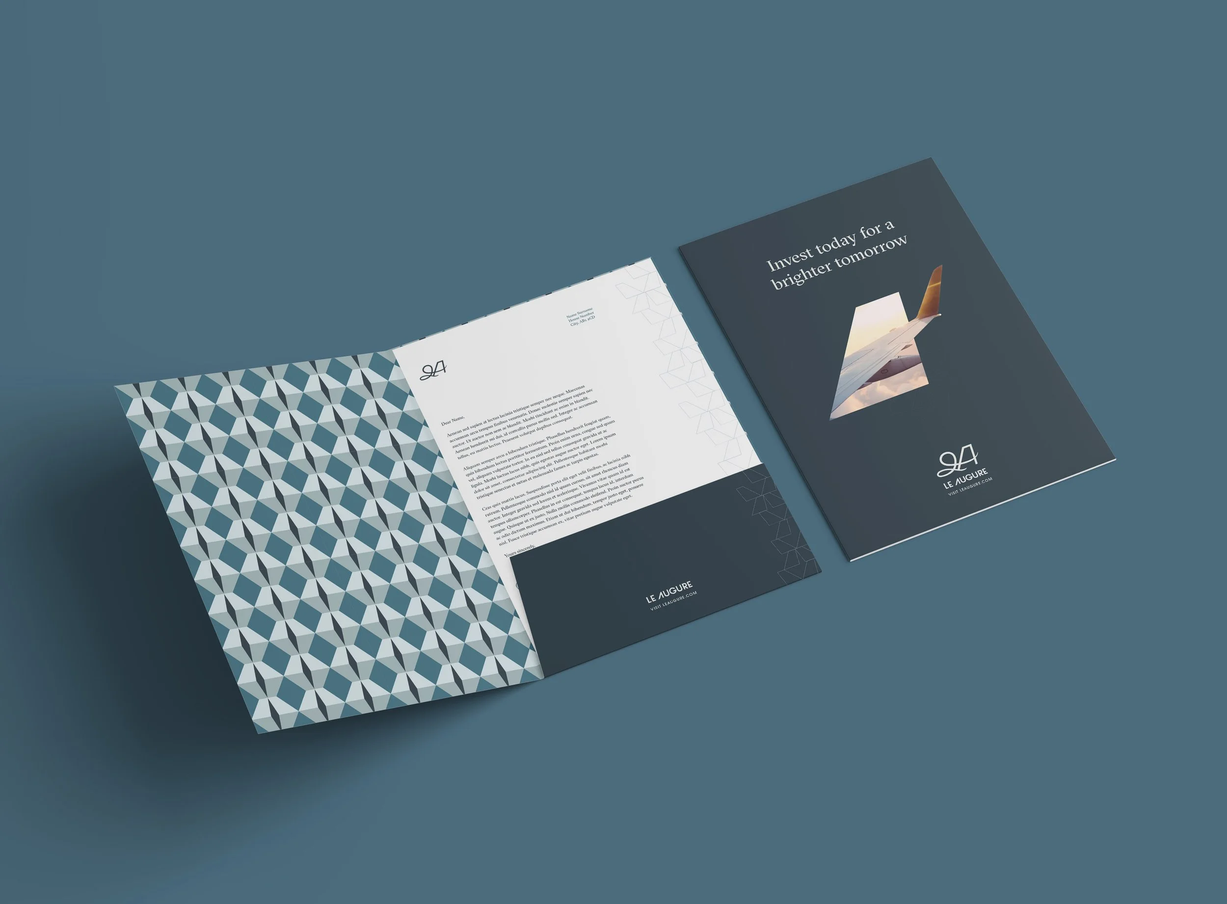 Tri-fold brochure for Le Augure with a geometric pattern on the inside and a cover page with an airplane wing and sunset, featuring the text 'Invest today for a brighter tomorrow'.
