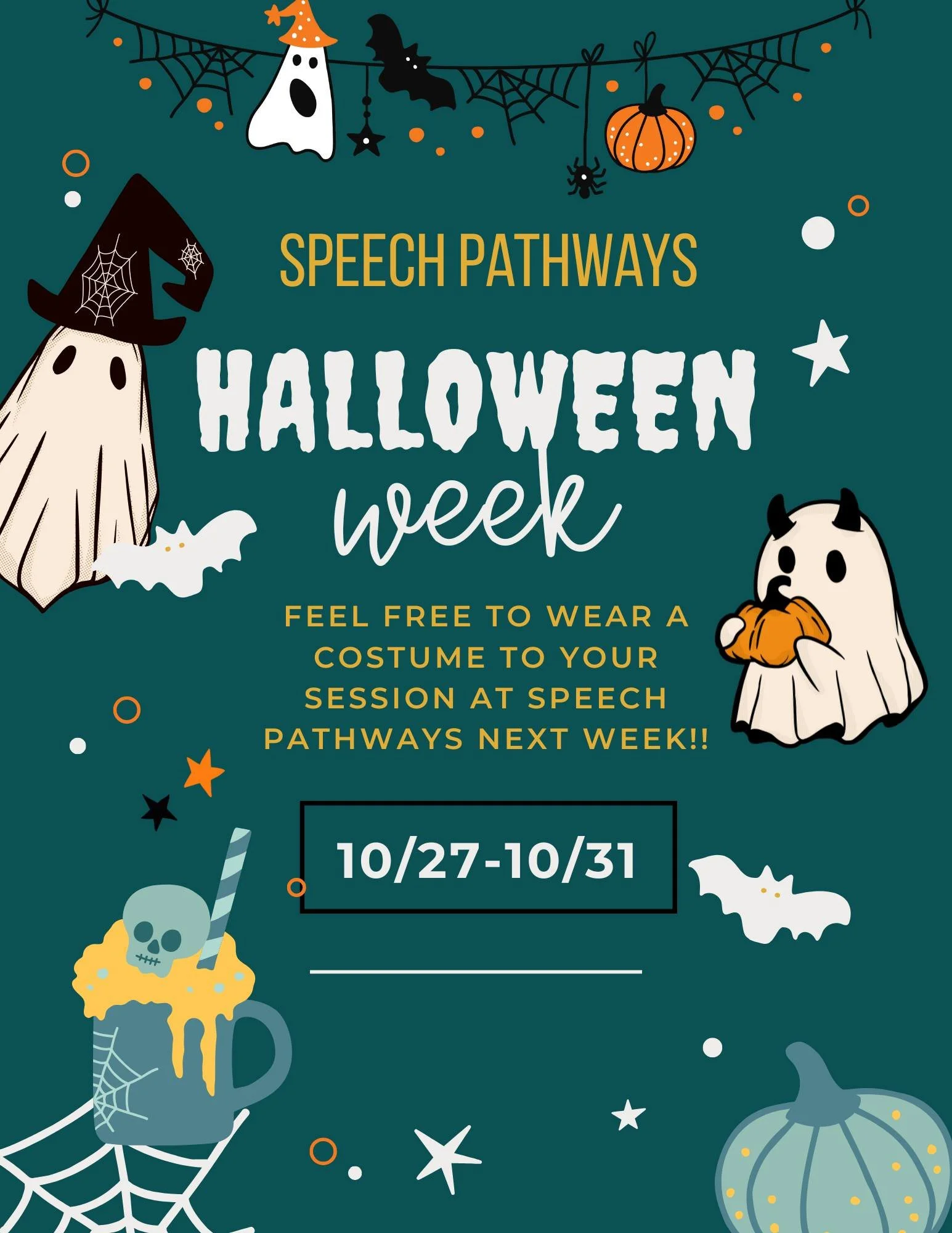🎃👻🍬 If you celebrate Halloween, feel free to wear a Halloween themed outfit or even your costume to your session at Speech Pathways next week! Spooky or fun- all is welcome!