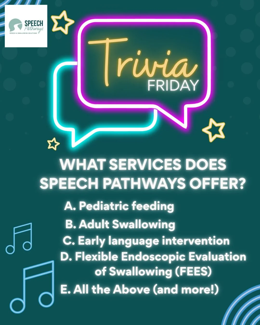 🎉Fun Friday🎉

It&rsquo;s Fun Friday, and we&rsquo;re testing your Speech Pathways knowledge! 🧠💬

👇 How to Enter:
&bull; Comment your answer below
&bull; Like this post

Stay tuned! 👀

As always-THANK YOU for your support! 💙