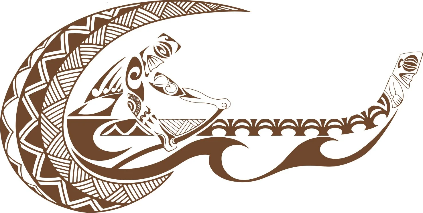 A traditional Polynesian tattoo-style illustration of a person playing a guitar, with intricate patterns and designs in brown and white.