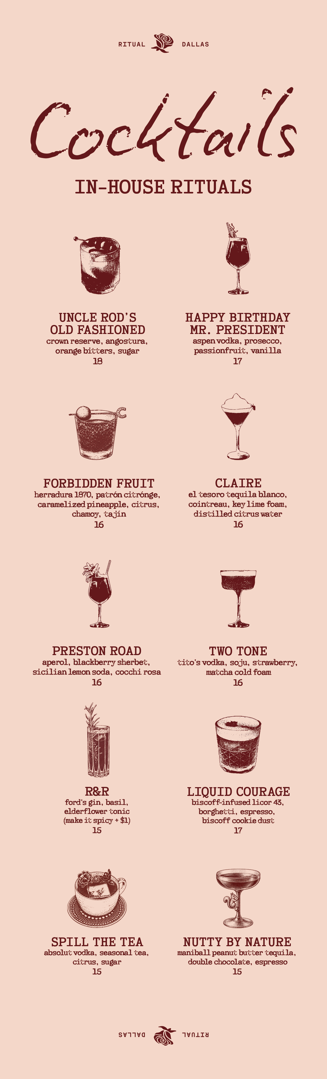 Menu featuring various cocktails and their ingredients, website name Ritual Dallas, with illustrations of drinks.