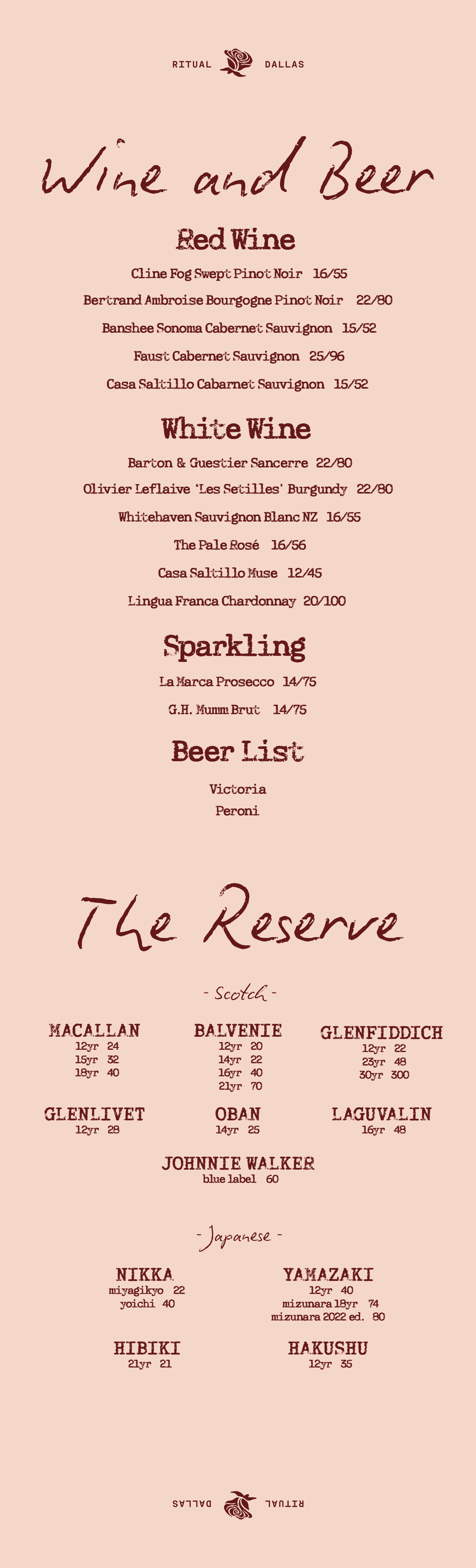 Menu for a wine and beer bar with sections for red, white, sparkling wines, beer list, and reserve whiskey options, featuring various wine and whiskey brands with prices.