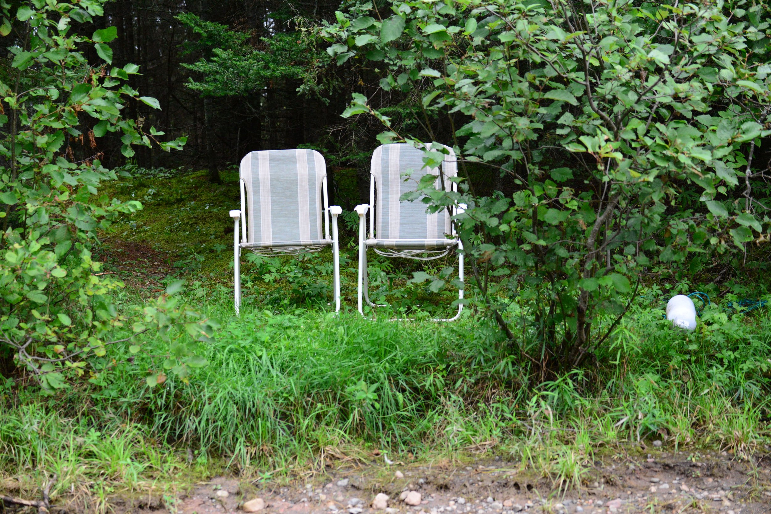 Two metal-framed lawn chairs with striped fabric seats placed outdoors on green grass near bushes and trees in a forested area.