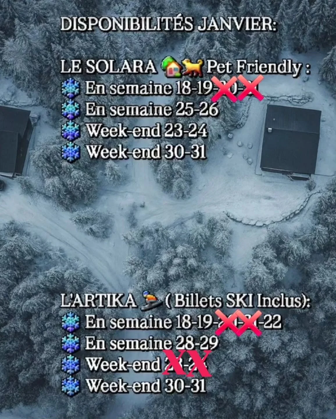 🚨 DERNI&Egrave;RE MINUTE &ndash; JANVIER 🚨
❄️ Disponibilit&eacute;s restantes cette fin de mois⬇️

🎿 L&rsquo;ARTIKA &ndash; BILLETS SKI INCLUS: 

 ●Week-end 30 &amp; 31 janvier
 ●Nuit&eacute;es en semaine
🎿 2 billets de ski par jour de s&eacute;j