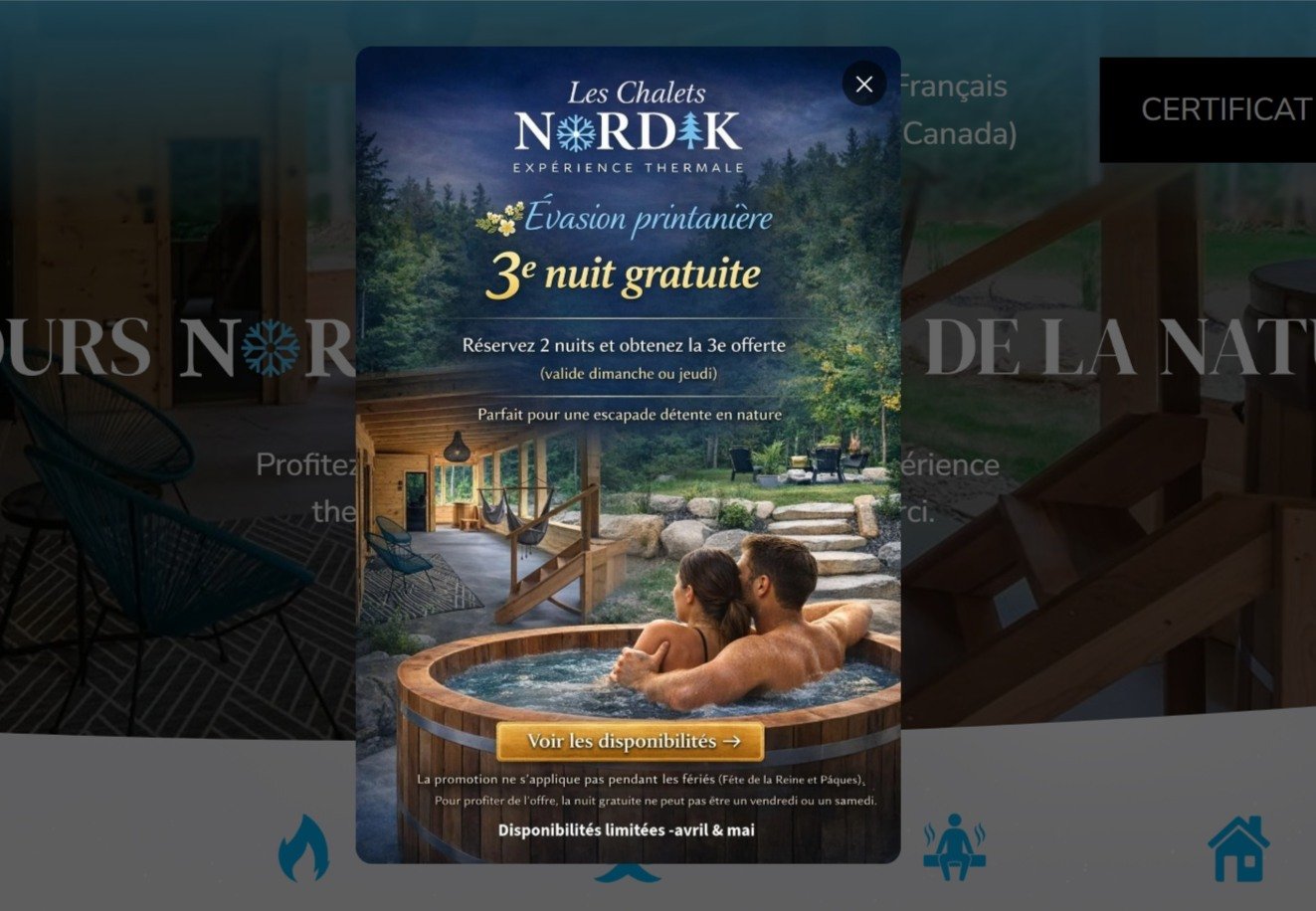 🌿 Et si vous prolongiez votre escapade&hellip; gratuitement?

Ce printemps, prenez le temps de ralentir aux Chalets Nordik ✨

R&eacute;servez 2 nuits et profitez de la 3e nuit offerte dans un chalet priv&eacute; avec exp&eacute;rience thermale ♨️

I