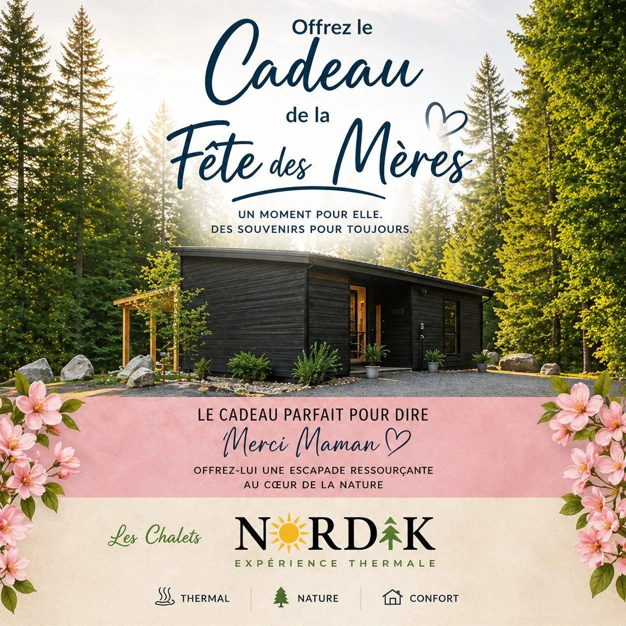 🌸 Le cadeau parfait pour dire merci maman.

Offrez-lui bien plus qu&rsquo;un cadeau&hellip;
offrez-lui une exp&eacute;rience qu&rsquo;elle n&rsquo;oubliera jamais.

Aux Chalets Nordik, chaque s&eacute;jour est une pause hors du temps :

🏡 Chalet ch