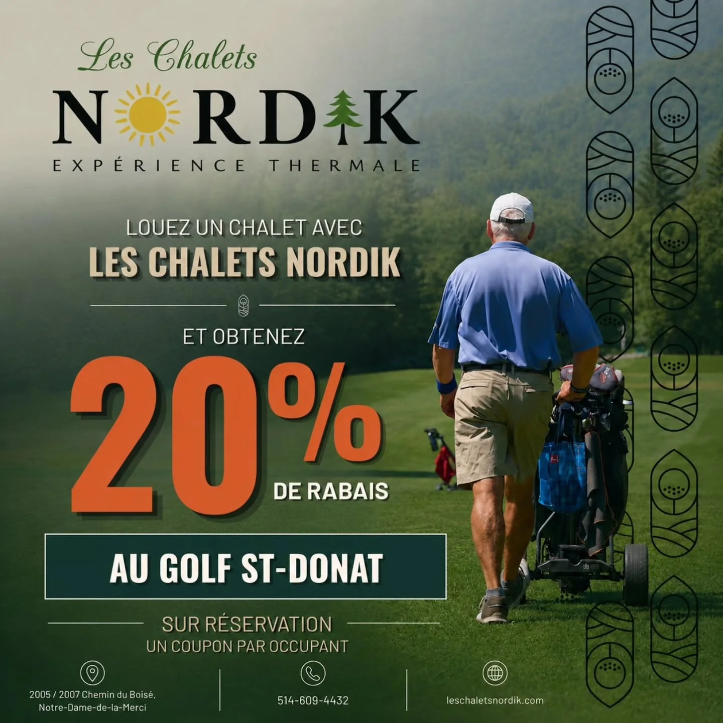 ⛳ OFFRE EXCLUSIVE &ndash; GOLF ST-DONAT 🌲

Cet &eacute;t&eacute;, combinez golf + d&eacute;tente nordique 💆&zwj;♂️

En r&eacute;servant un s&eacute;jour chez Les Chalets Nordik, obtenez 20 % de rabais au Golf St-Donat 🏌️

Apr&egrave;s votre partie