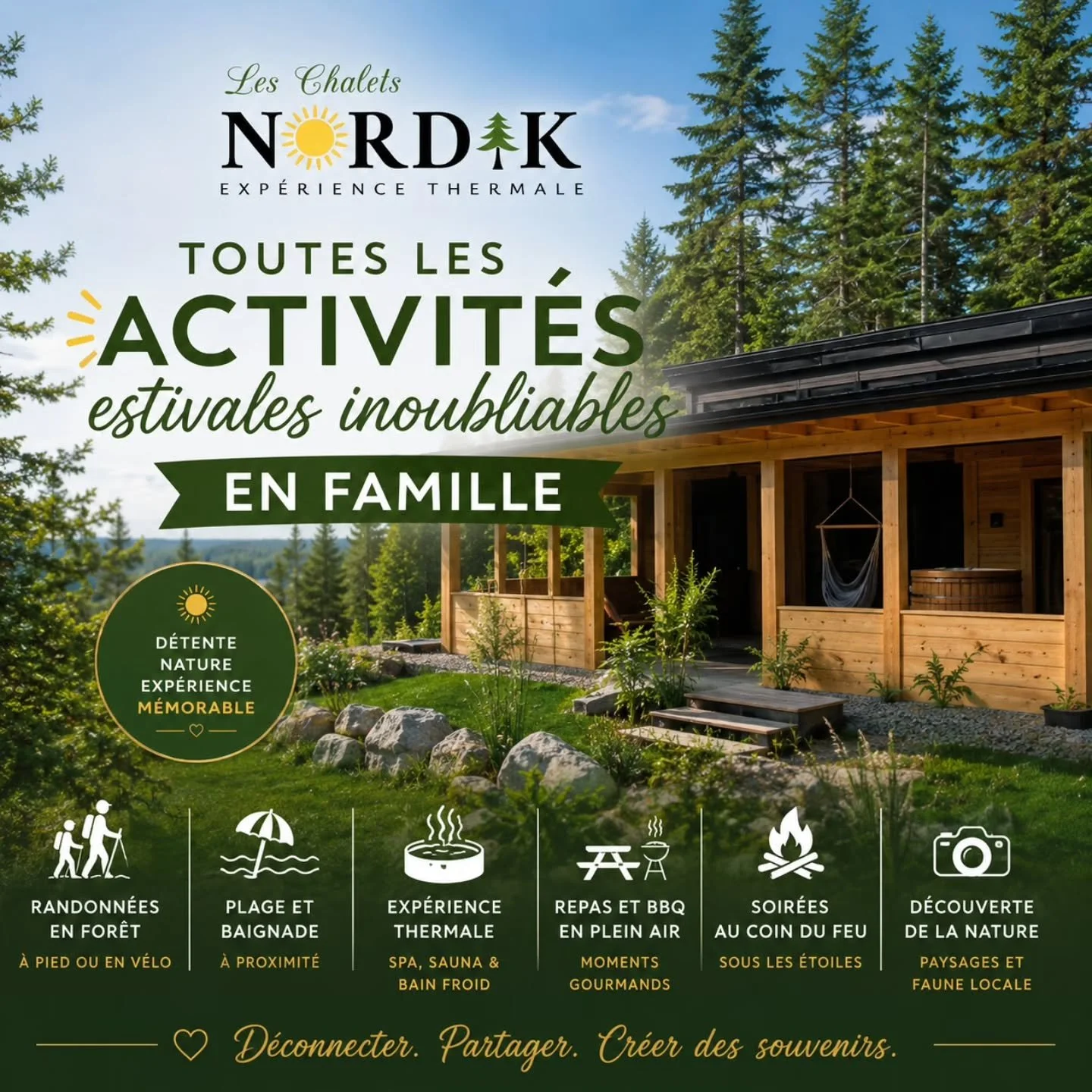 ☀️ Cet &eacute;t&eacute;, cr&eacute;ez des souvenirs qui resteront grav&eacute;s pour longtemps.

Aux Chalets Nordik, les vacances ne se limitent pas &agrave; un h&eacute;bergement. C'est l'occasion de ralentir, de profiter de la nature et de vivre d