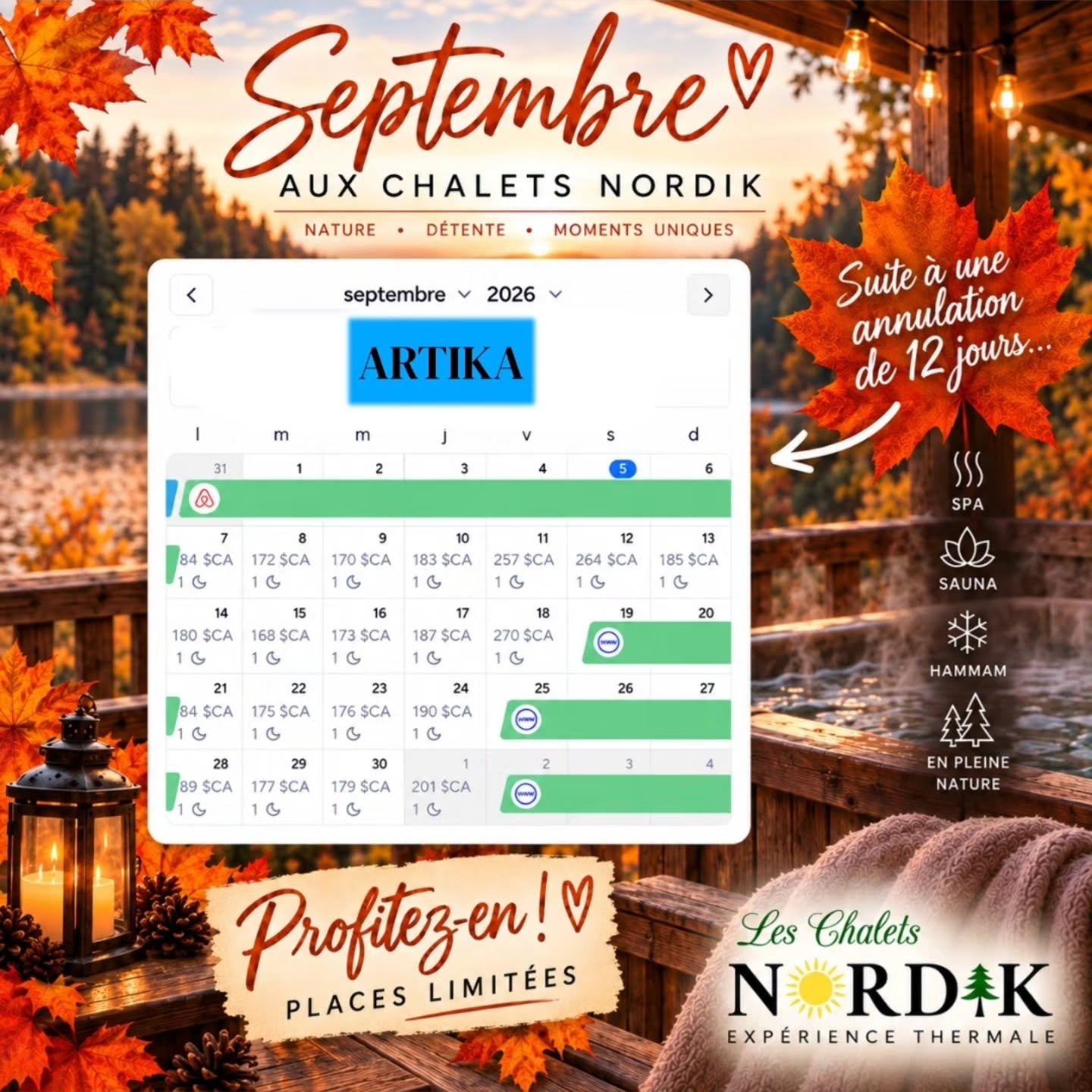 🍂 ANNULATION DE DERNI&Egrave;RE MINUTE &mdash; 12 JOURS SE LIB&Egrave;RENT &Agrave; L&rsquo;ARTIKA! 🍂

Une occasion comme celle-ci arrive rarement en plein mois de septembre! L&rsquo;Artika vient de se lib&eacute;rer pour plusieurs nuit&eacute;es &