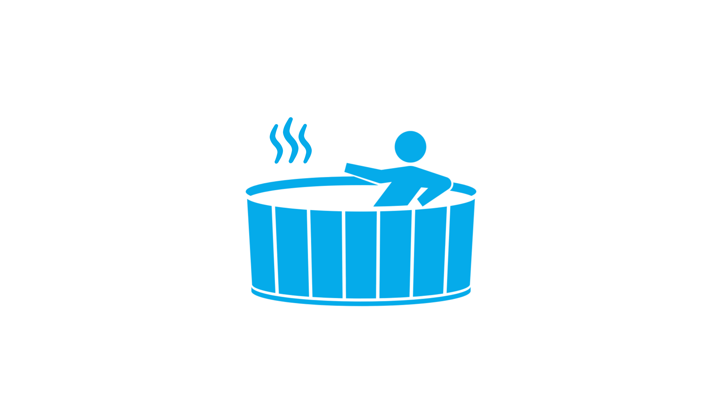 A graphic of a person inside a hot tub with steam rising, depicted in blue on a black background.