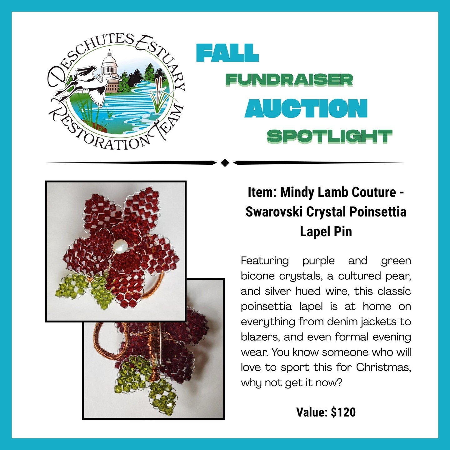Only four days until our Fall Fundraiser! Will we see you there? Here's another of the many auction items we have in store.

Featuring purple and green bicone crystals, a cultured pear, and silver hued wire, this classic poinsettia lapel is at home o