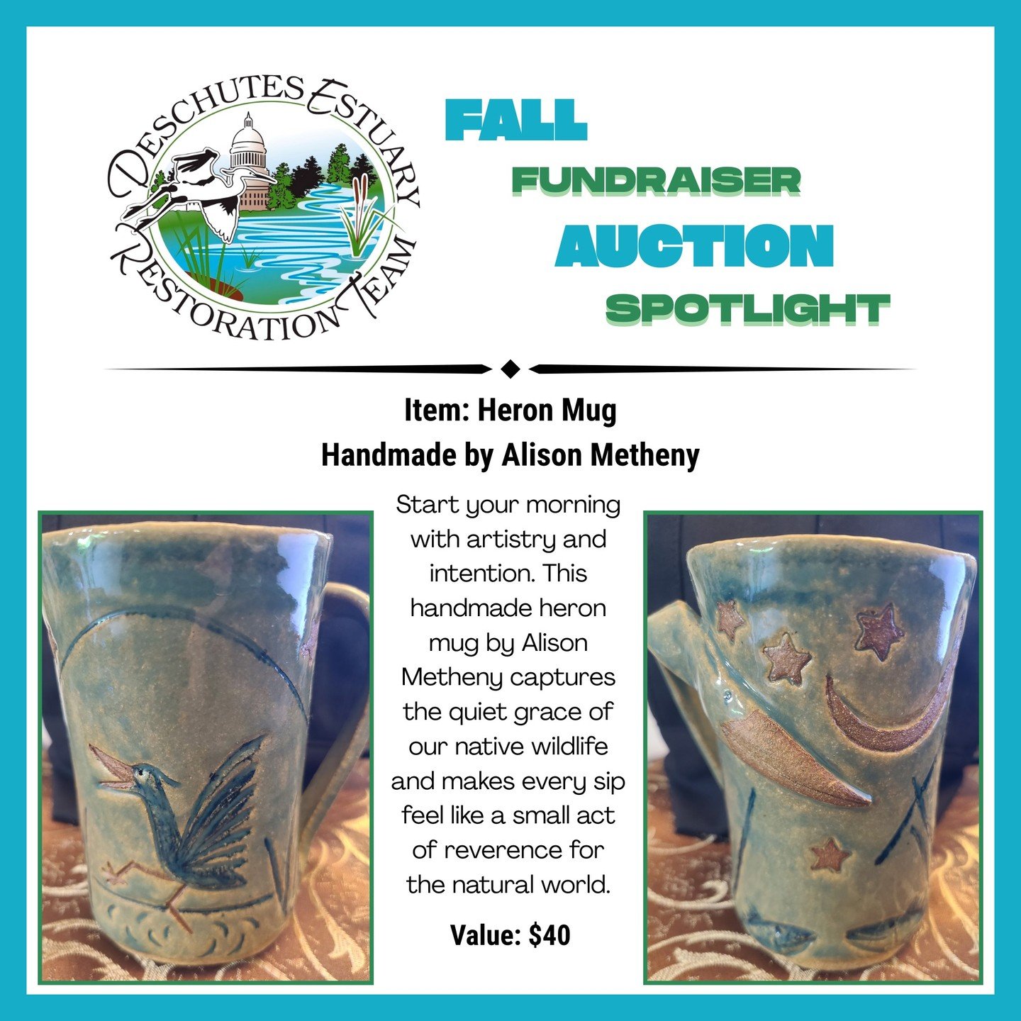 3 days to go! Get your tickets to our Fall Fundraiser this Saturday before it's too late!

Tickets ---> https://givebutter.com/c/DERTAuction2025
Start your morning with artistry and intention. This handmade heron mug by Alison Metheny captures the