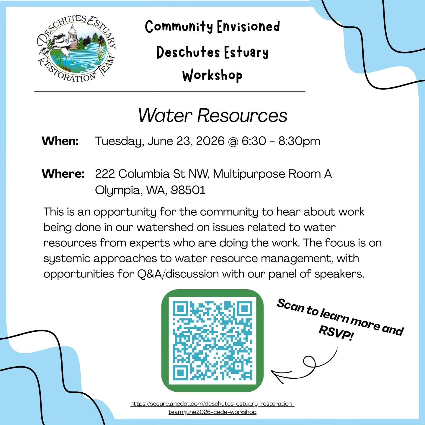 Join DERT for our first Community Envisioned Deschutes Estuary workshop of 2026!

Link to RSVP: https://secure.anedot.com/deschutes-estuary-restoration-team/june2026-cede-workshop

Our freshwater resources in the Deschutes Watershed face serious larg
