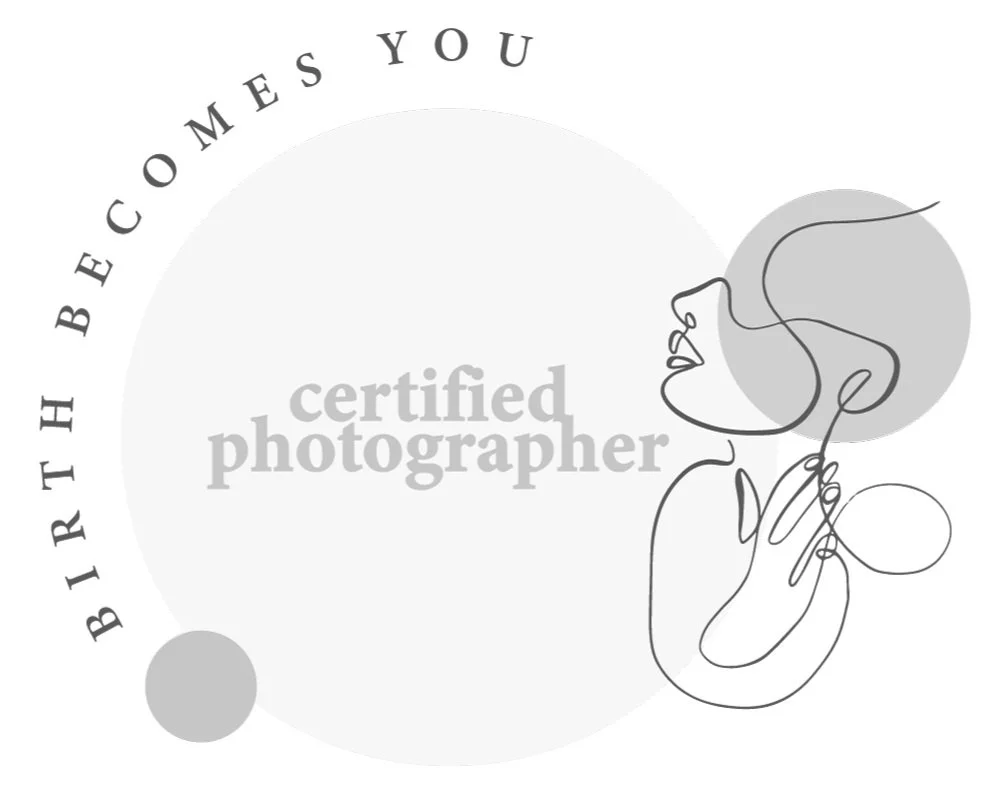 Line drawing of a person with a large circular hairdo, holding a camera. The background features a large white circle with the text 'certified photographer' and a curved message 'BIRTH THIS BECAUSE YOU' written along the top of the circle.