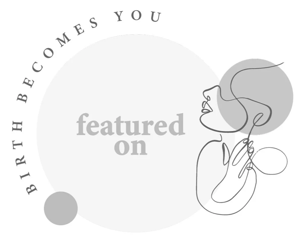 Gray and white promotional graphic with a minimalist line drawing of a woman holding a wine glass. Text says 'Becomes You' curved around the top, and 'featured on' in the center.