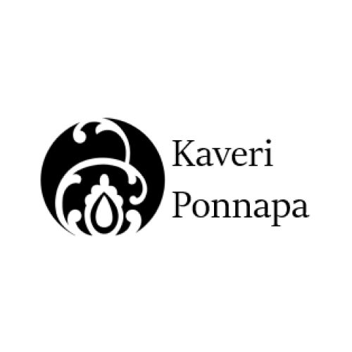 Black and white logo with an ornate circular design and the words "Kaveri Ponnapa" beside it.