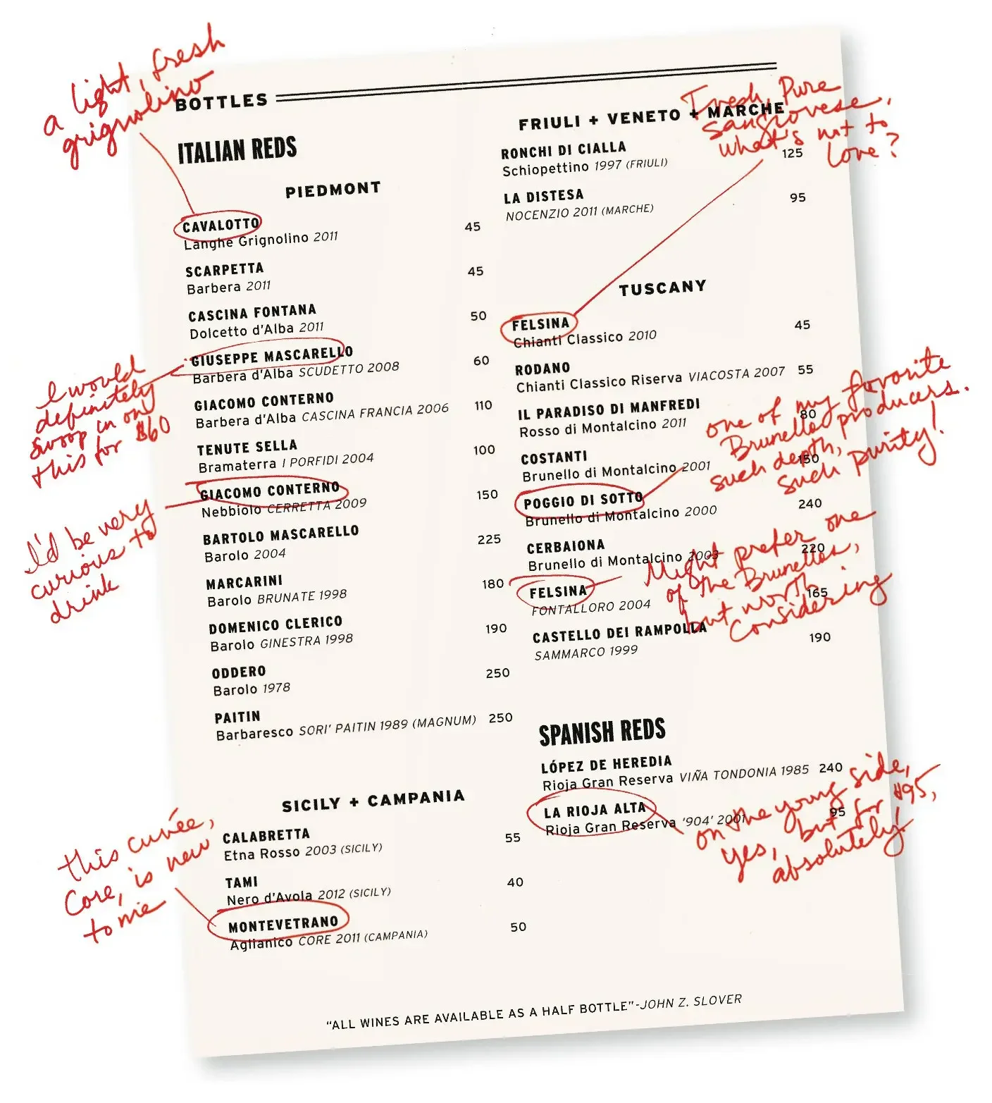 Wine menu with handwritten notes in red ink. Sections for Italian Reds, Sicily + Campania, Friuli + Veneto, and Spanish Reds. Selected wines are circled or marked with notes such as "a light, fresh, grilled wine" for Cavallotto, "I would definitely scoff in my drink" for Giuseppe Mascarello, and "this cue -- the new to me" for Montevetrano. Other handwritten comments include "Tredy. Pure s---" and "on young side, yes, but... absolutely!".
