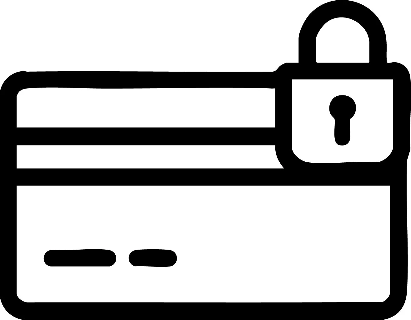 Outline drawing of a credit card with a padlock symbol on the top right corner, indicating security.