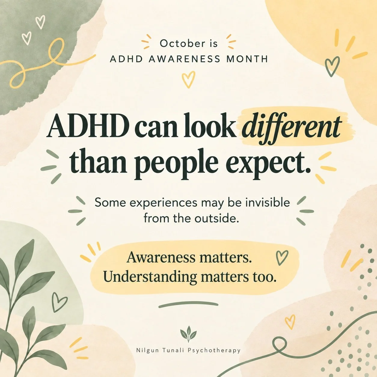 October is ADHD Awareness Month 💛

ADHD does not look the same for everyone! 

Sometimes the parts people notice are only a small piece of the experience. There can be so much happening internally that others may never fully see.

Awareness is not o