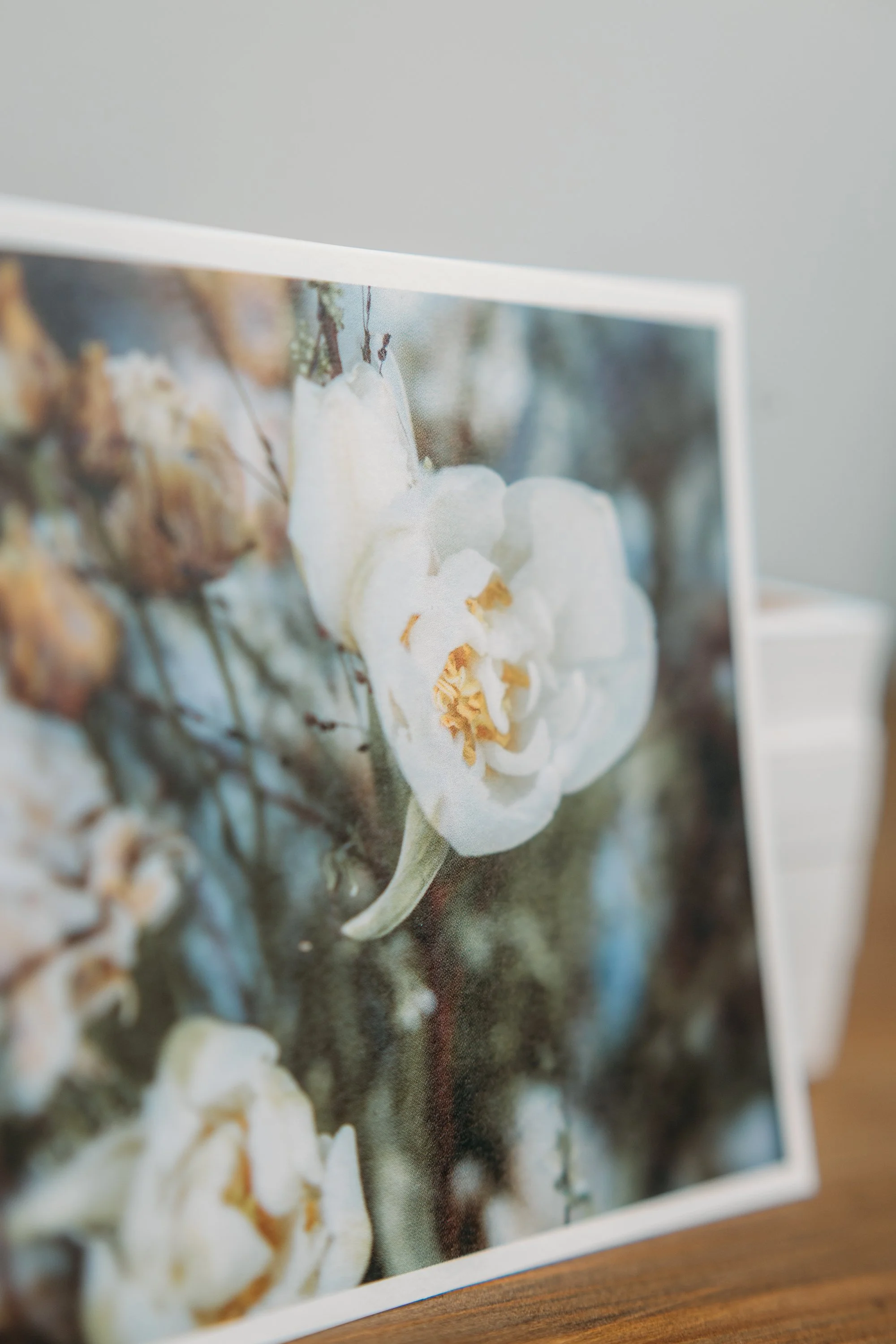 Nahaufnahme einer Postkarte aus braunem Papier mit der Aufschrift 'dankeschön' und handgezeichneten Blättern.