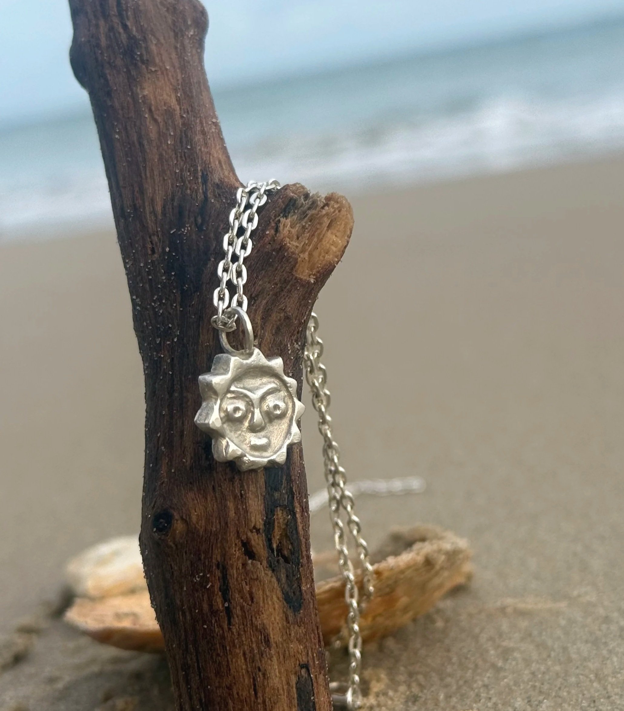 Solid Silver Sun Face Necklace