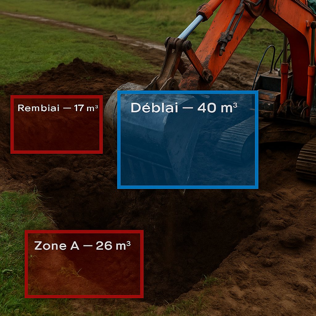 Une excavatrice creusant une tranchée dans le sol avec des annotations montrant les volumes d'espace déplacé, dont 17 mètres cubes pour le remblai, 40 mètres cubes pour le déblai, et 26 mètres cubes pour la zone A.